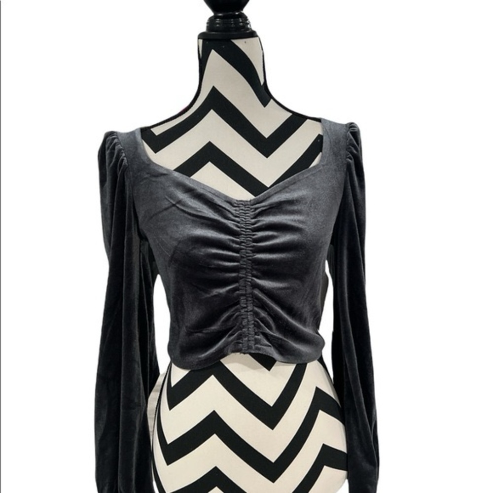 Meraki Velour Velvet Ruched Puff Long Sleeve Crop Top Slate Dark Grey XS